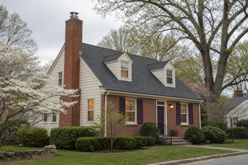 A 1950s brick-and-clapboard Cape Cod-style house with a red brick chimney with a stainless steel cap fitted with a stainless steel liner cap; illustrative image