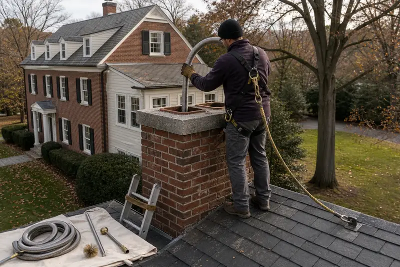 A harnessed technician guiding a flexible stainless steel liner down into the flue at the top of a two-flue brick chimney with a concrete crown on a slate roof; illustrative image