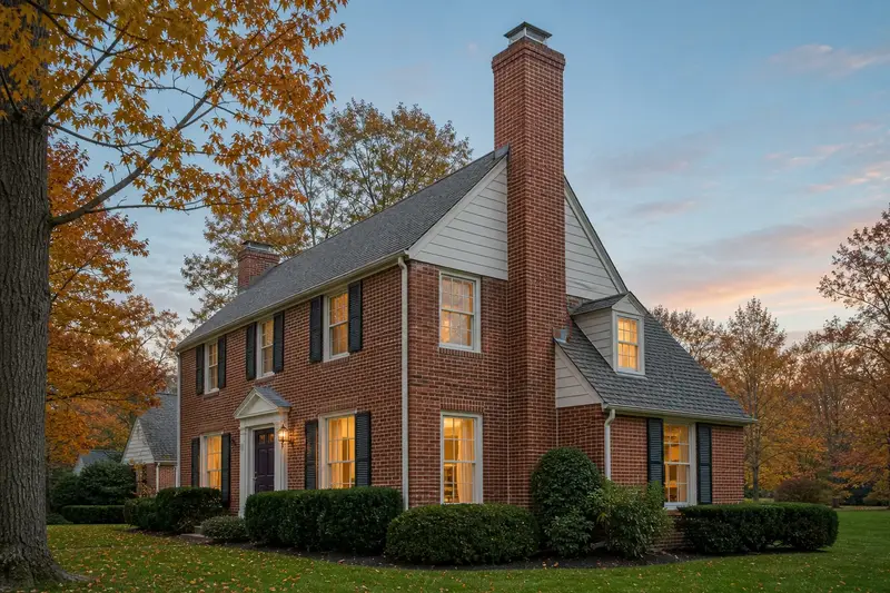 A 1950s brick colonial with black shutters in soft daylight with a red brick chimney with a stainless steel cap and even brickwork; illustrative image