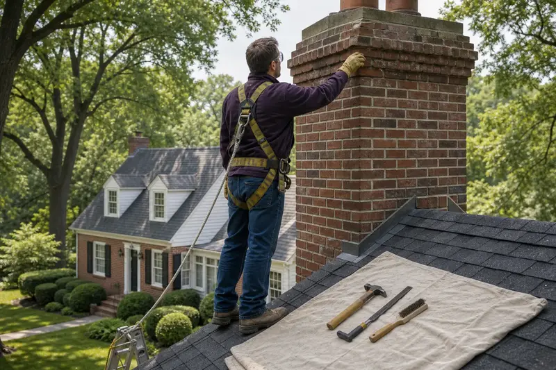 A harnessed mason examining the brickwork of a brick chimney with corbelled top courses with a gloved hand; illustrative image