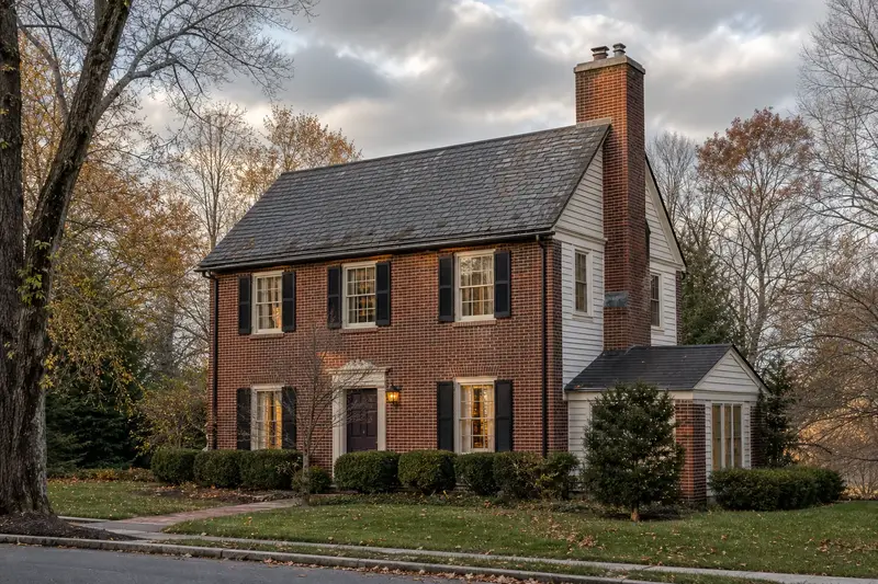 A 1950s brick colonial with black shutters with a two-flue brick chimney with a concrete crown on a slate roof and neat, even mortar joints; illustrative image