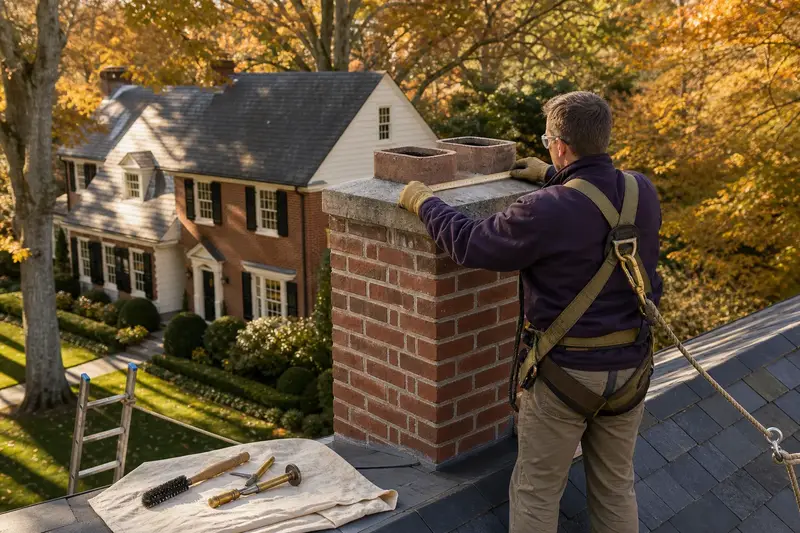 A harnessed mason measuring the crown of a two-flue brick chimney with a concrete crown on a slate roof with a folding rule; illustrative image