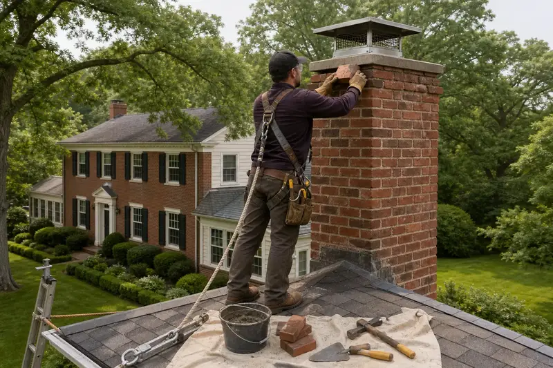 A harnessed mason setting a replacement brick near the top of a red brick chimney with a stainless steel cap; illustrative image