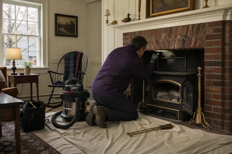 A technician checking the damper of a wood-burning insert in a brick opening with a flashlight before the heating season, the fireplace cold; illustrative image