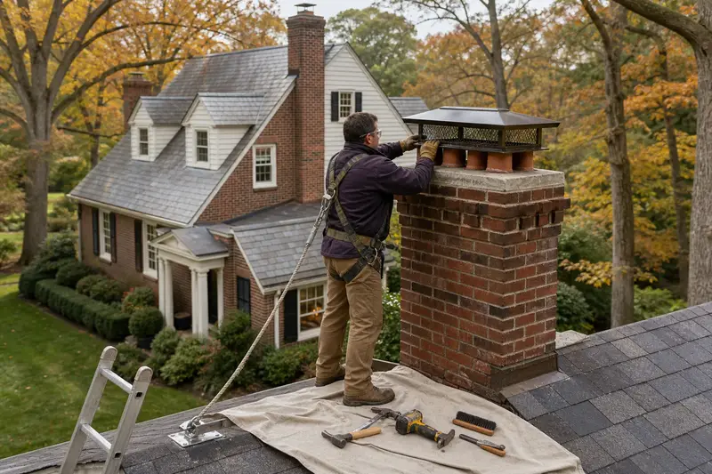 A harnessed technician fastening a multi-flue cap over the crown of a brick chimney with corbelled top courses; illustrative image