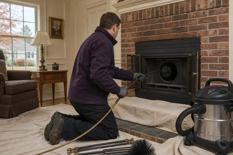 A technician feeding a rotary chimney brush up the flue of a wood-burning insert in a brick opening, drop cloths and a sealed vacuum on the hearth; illustrative image