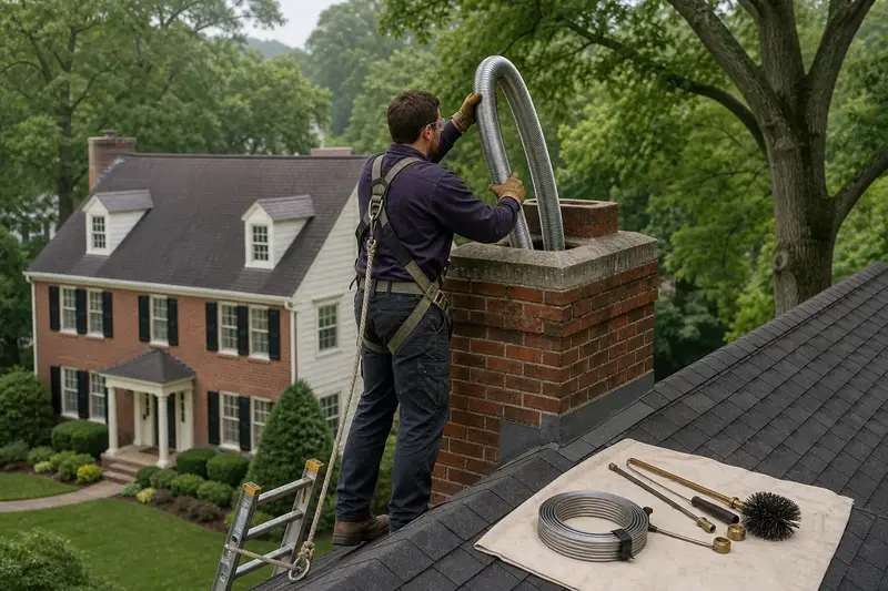 A harnessed technician guiding a flexible stainless steel liner down into the flue at the top of an exterior end brick chimney on a gable roof; illustrative image