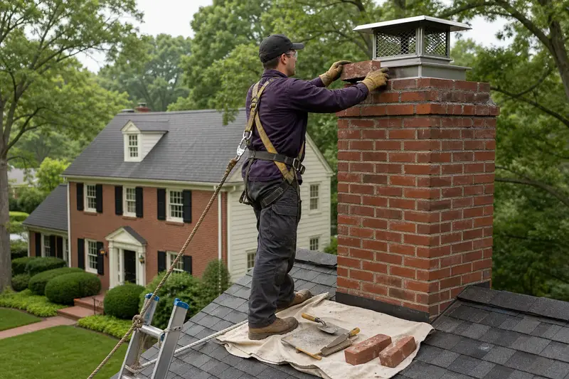 A harnessed mason setting a replacement brick near the top of a red brick chimney with a stainless steel cap; illustrative image