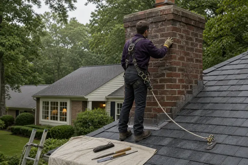 A harnessed mason checking the brick faces of an exterior end brick chimney on a gable roof near the crown; illustrative image