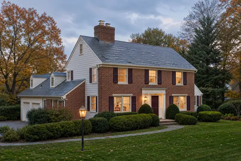 A 1980s brick-front colonial-style suburban house with a two-flue brick chimney with a concrete crown on a slate roof topped by a new stainless steel cap; illustrative image
