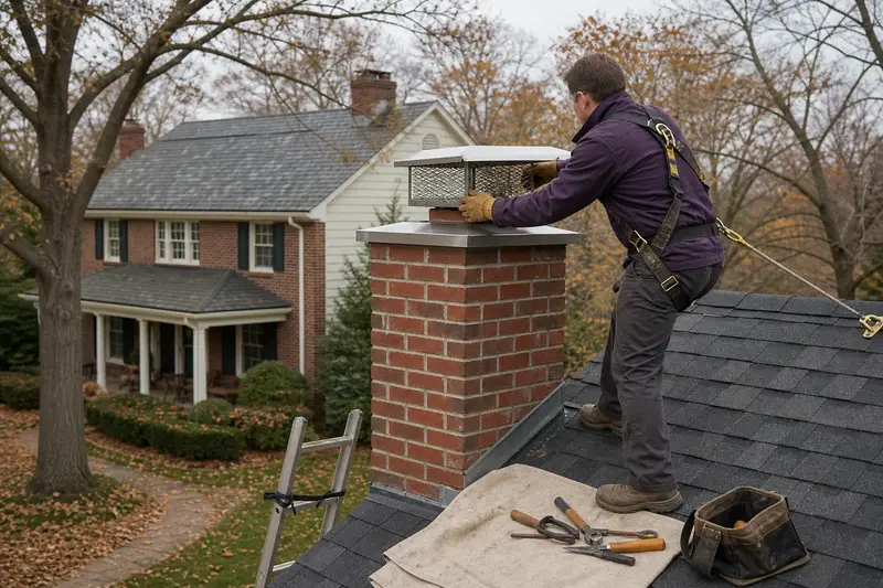 A harnessed technician setting a stainless steel mesh chimney cap onto a red brick chimney with a stainless steel cap; illustrative image
