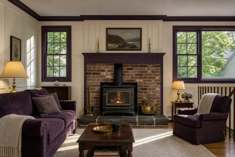 A living room with a cast-iron wood stove on a stone hearth pad and a small fire behind a screen, no one present; illustrative image
