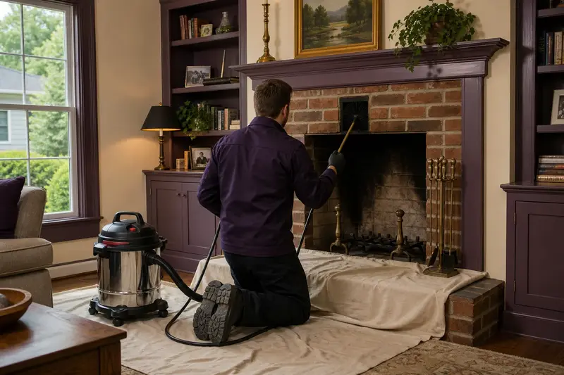 A technician feeding a rotary chimney brush up the flue of an open masonry wood-burning fireplace, drop cloths and a sealed vacuum on the hearth; illustrative image