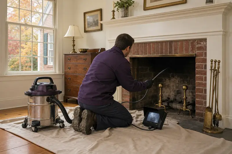 A technician guiding an inspection camera into the firebox of an open masonry wood-burning fireplace, the fireplace cold and unlit; illustrative image
