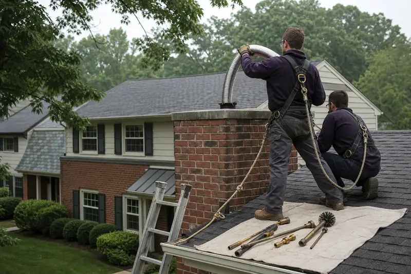 Two harnessed technicians feeding a stainless steel liner into an exterior end brick chimney on a gable roof from a dry roof; illustrative image