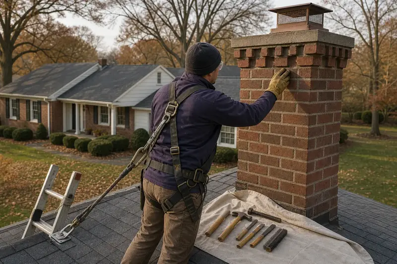 A harnessed mason examining the brickwork of a brick chimney with corbelled top courses with a gloved hand; illustrative image