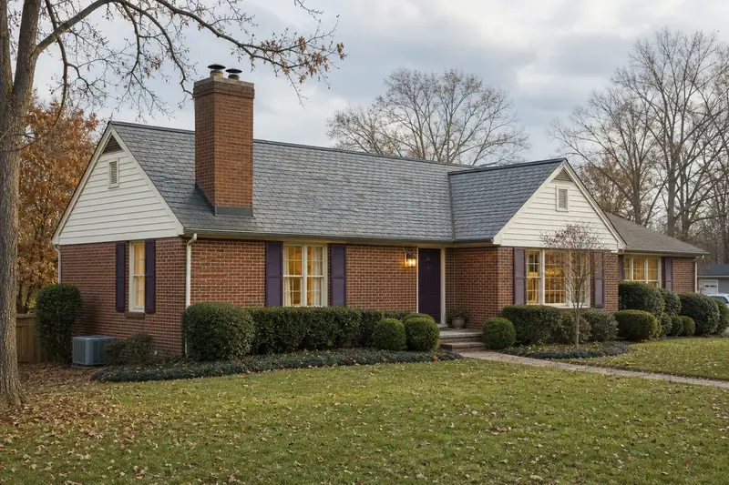 A 1980s brick rambler with a two-flue brick chimney with a concrete crown on a slate roof rising above the roof; illustrative image