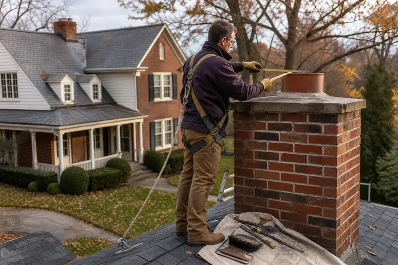 A harnessed mason measuring the crown of an exterior end brick chimney on a gable roof with a folding rule; illustrative image