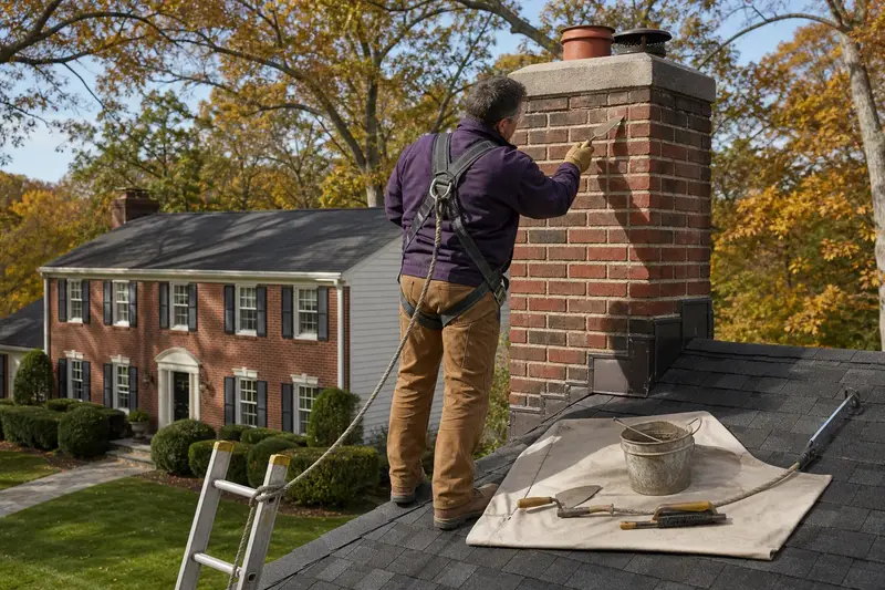 A harnessed mason repointing mortar joints on an exterior end brick chimney on a gable roof with a pointing trowel; illustrative image