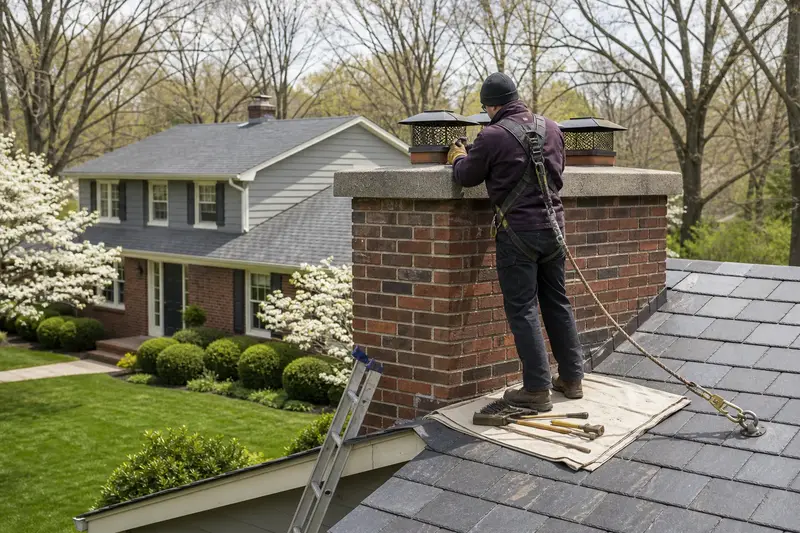 A harnessed technician checking the cap and crown of a two-flue brick chimney with a concrete crown on a slate roof before the heating season; illustrative image