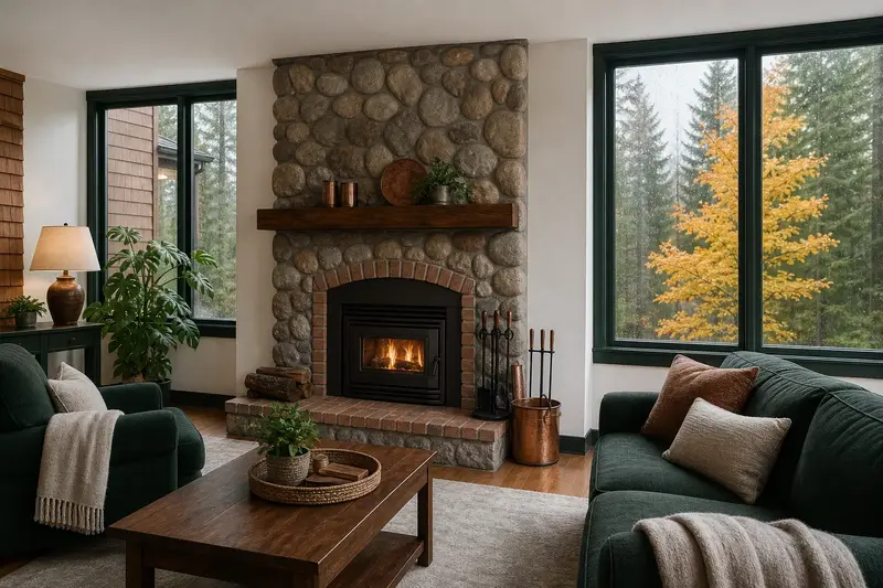 A calm sitting room with a wood-burning insert in a brick opening, a clear hearth and fireplace tools on a stand, no one present; illustrative image