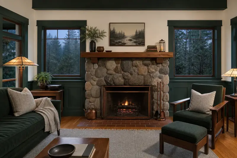A clean hearth room with an open masonry wood-burning fireplace and fireplace tools on a stand; illustrative image