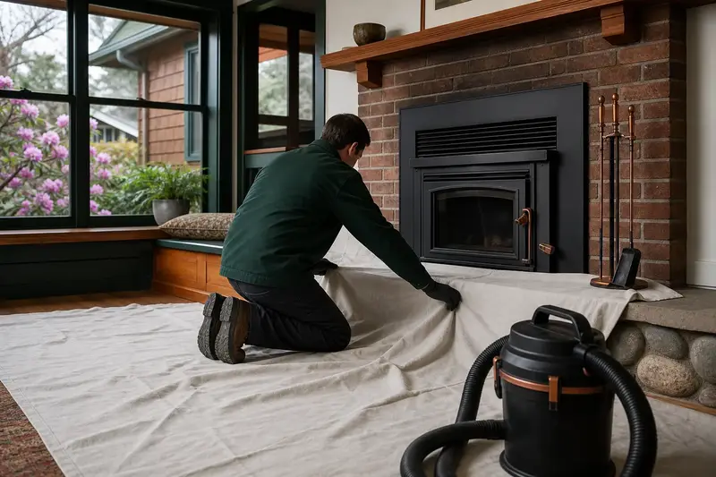 A technician setting drop cloths and a sealed vacuum in front of a wood-burning insert in a brick opening before a cleaning; illustrative image