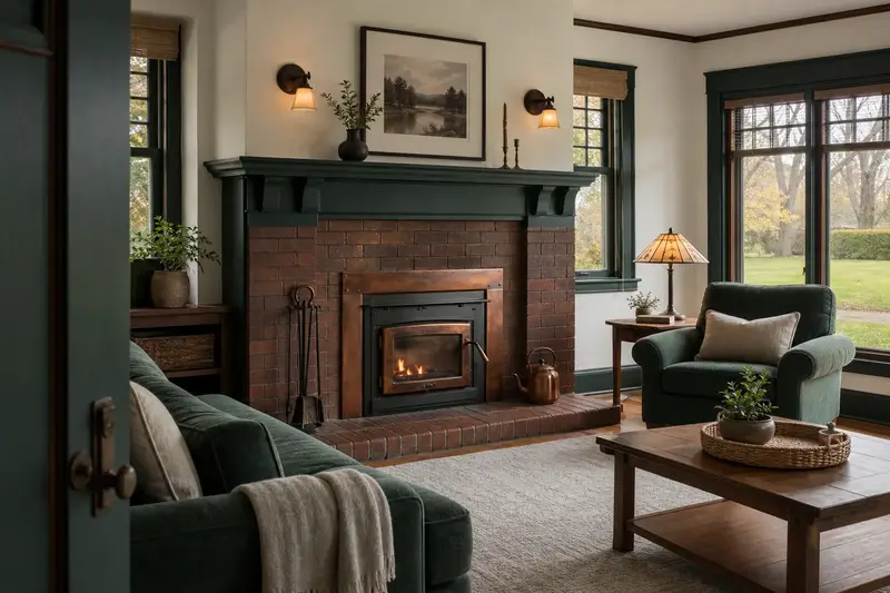 A hearth room with a wood-burning insert in a brick opening, a clear hearth and soft window light; illustrative image