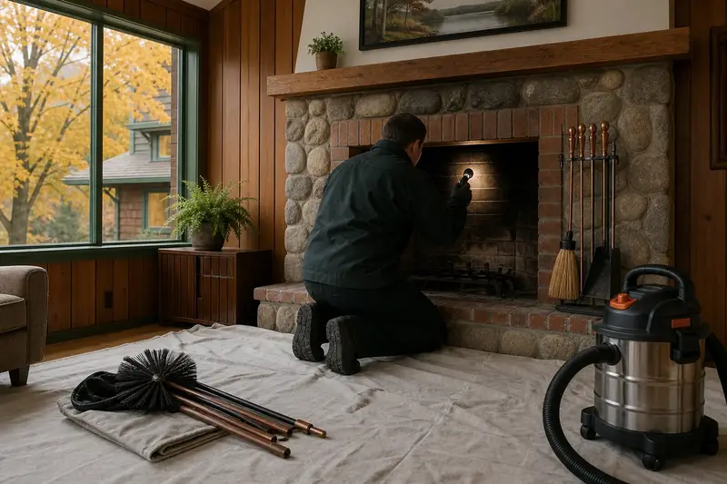 A technician holding an inspection light at an open masonry wood-burning fireplace, a brush kit waiting on the drop cloth; illustrative image
