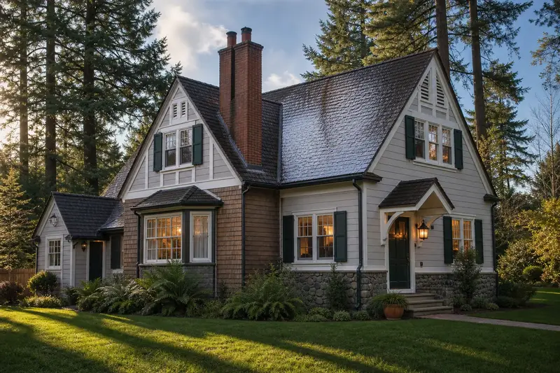 A 1950s Tudor revival house after a heavy rain with a two-flue brick chimney on a steep gable roof, wet roofs and clear gutters; illustrative image