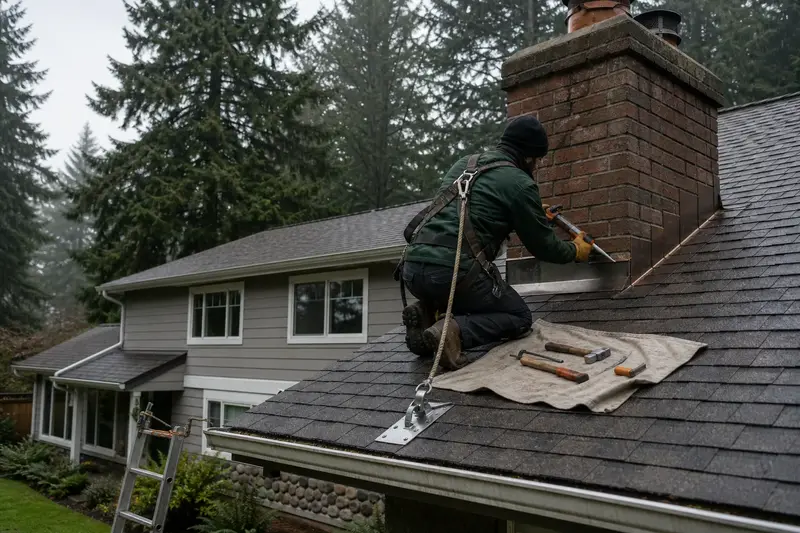 A harnessed technician sealing the step flashing where a brick chimney with a concrete crown on a composition shingle roof meets the roof; illustrative image