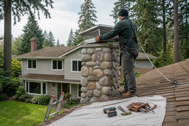 A harnessed technician setting a stainless steel mesh chimney cap onto a river rock chimney on a cedar shake roof; illustrative image