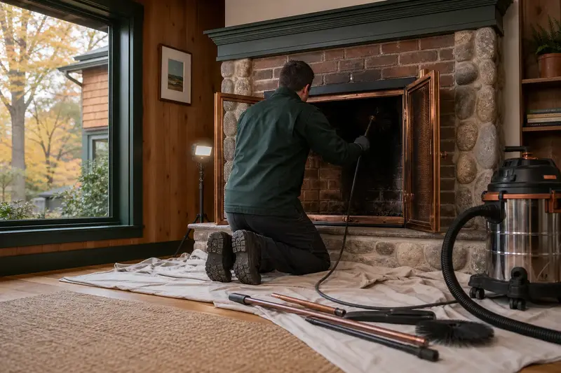 A technician feeding a rotary chimney brush up the flue of an open masonry wood-burning fireplace, drop cloths and a sealed vacuum on the hearth; illustrative image