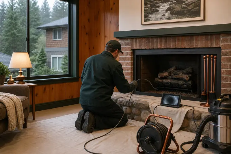 A technician guiding an inspection camera into the firebox of a vented gas log set in a masonry firebox, the fireplace cold and unlit; illustrative image