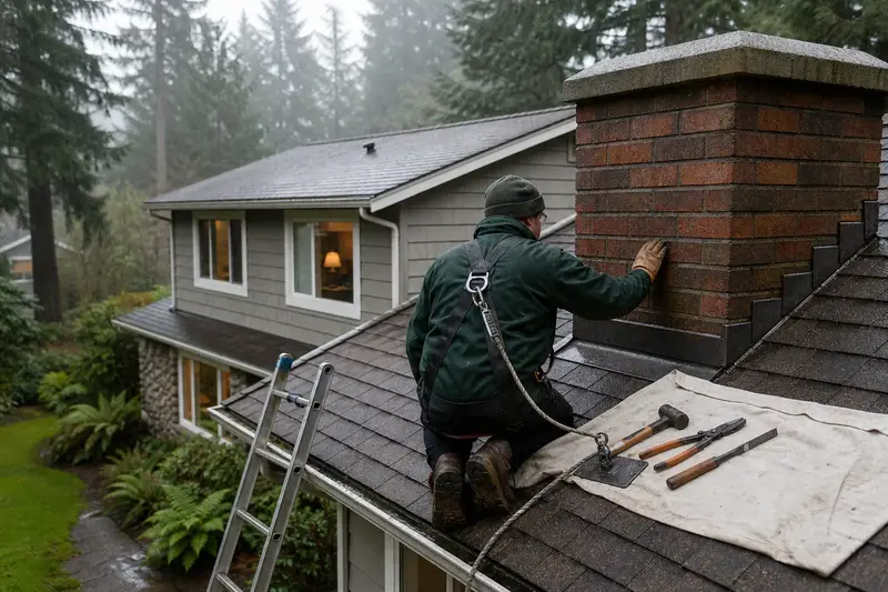 A harnessed technician checking the step flashing where a brick chimney with a concrete crown on a composition shingle roof meets the roof; illustrative image
