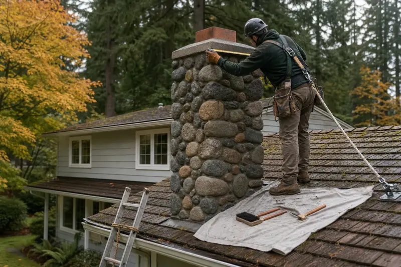 A harnessed mason measuring the crown of a river rock chimney on a cedar shake roof with a folding rule; illustrative image