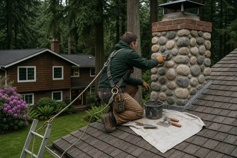 A harnessed mason repointing mortar joints on a river rock chimney on a cedar shake roof with a pointing trowel; illustrative image