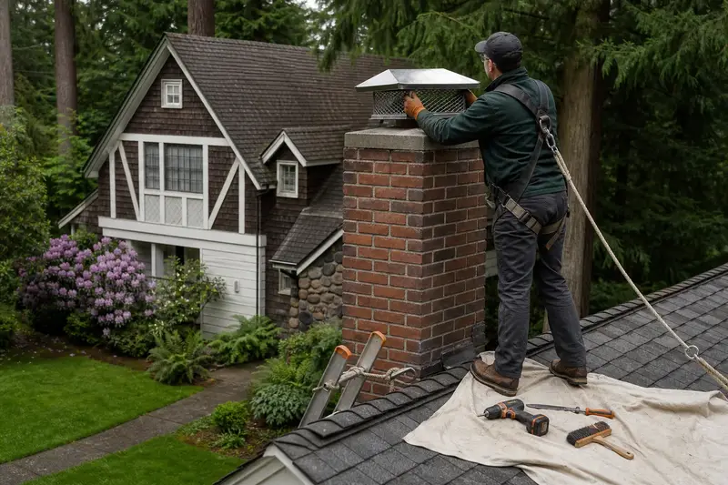 A harnessed technician setting a stainless steel mesh chimney cap onto a brick chimney with a concrete crown on a composition shingle roof; illustrative image