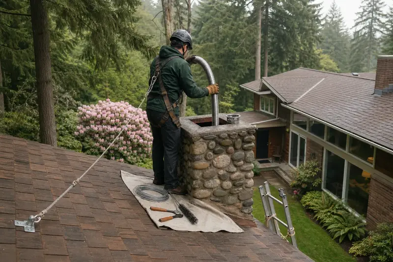 A harnessed technician guiding a flexible stainless steel liner down into the flue at the top of a river rock chimney on a cedar shake roof; illustrative image