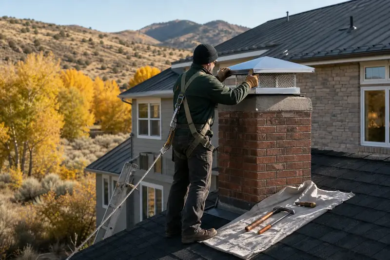A harnessed technician setting a stainless steel mesh chimney cap onto a brick chimney with a concrete crown on an asphalt shingle roof; illustrative image