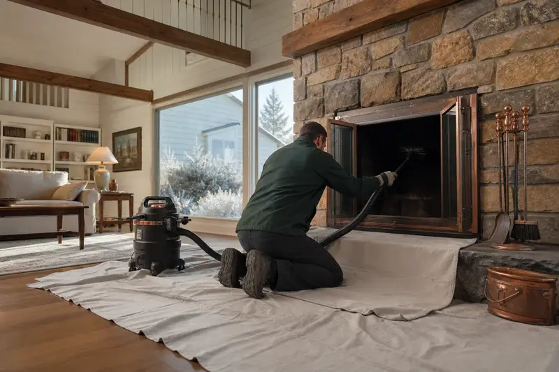 A technician kneeling at a factory-built wood-burning fireplace with a stone facing with a sealed vacuum and drop cloths, the fireplace cold and unlit; illustrative image
