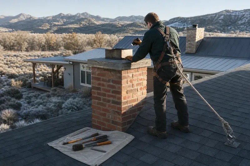 A harnessed technician examining the top of a brick chimney with a concrete crown on an asphalt shingle roof with a flashlight from a dry roof surface; illustrative image