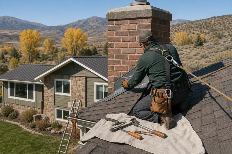 A harnessed technician checking the step flashing where a brick chimney with a concrete crown on an asphalt shingle roof meets the roof; illustrative image