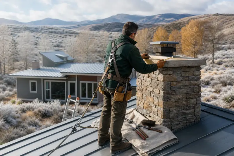 A harnessed mason measuring the crown of a stacked-stone chimney on a metal roof with a folding rule; illustrative image