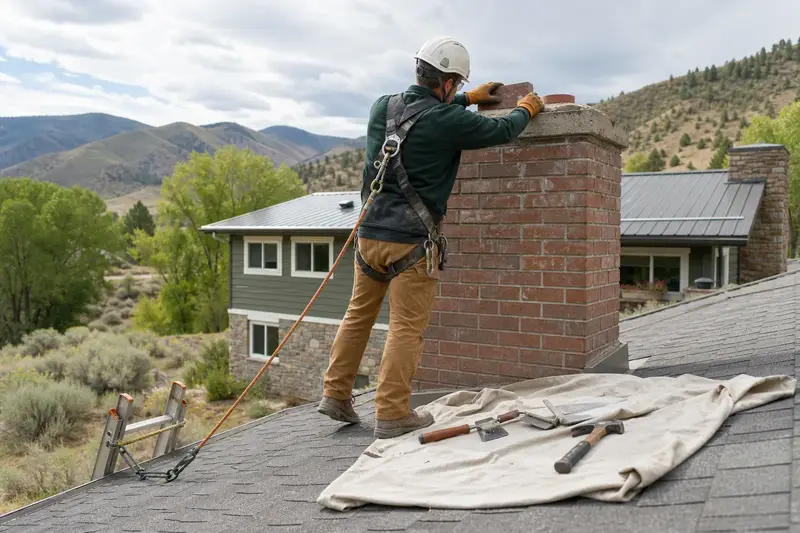 A harnessed mason setting a replacement brick near the top of a brick chimney with a concrete crown on an asphalt shingle roof; illustrative image