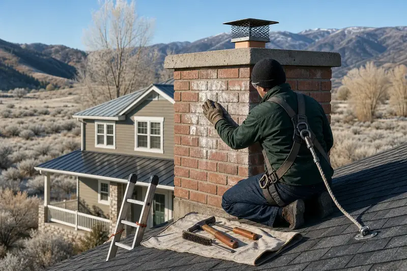 A harnessed technician examining the brick of a brick chimney with a concrete crown on an asphalt shingle roof in cold weather; illustrative image