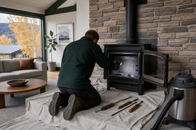 A technician checking the firebox walls of a cast-iron wood stove on a stone hearth pad with a work light, a drop cloth on the hearth; illustrative image