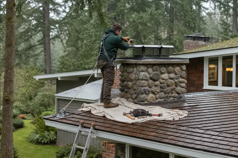 A harnessed technician fastening a multi-flue cap over the crown of a river rock chimney on a cedar shake roof; illustrative image