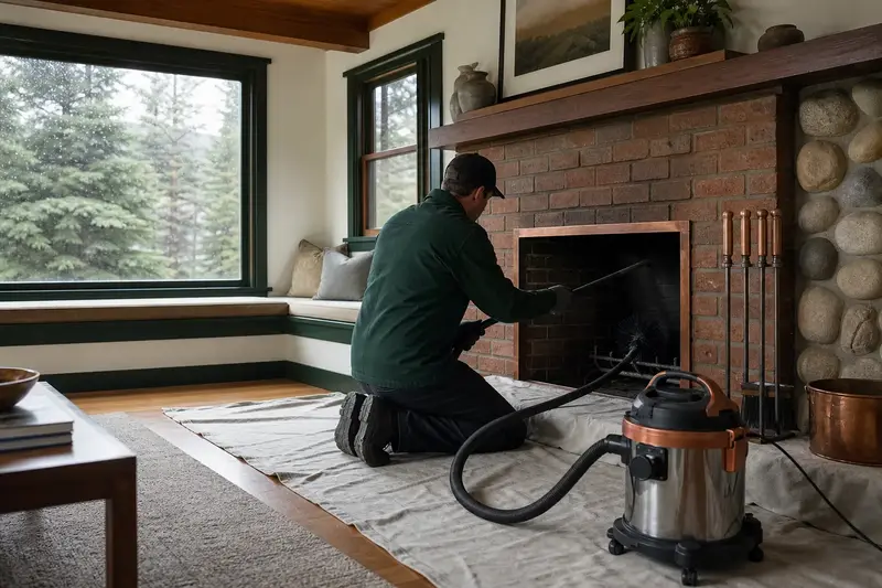 A technician kneeling at an open masonry wood-burning fireplace with a sealed vacuum and drop cloths, the fireplace cold and unlit; illustrative image