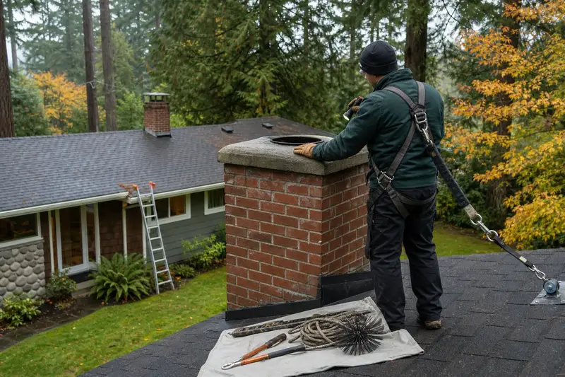 A harnessed technician examining the top of a brick chimney with a concrete crown on a composition shingle roof with a flashlight from a dry roof surface; illustrative image
